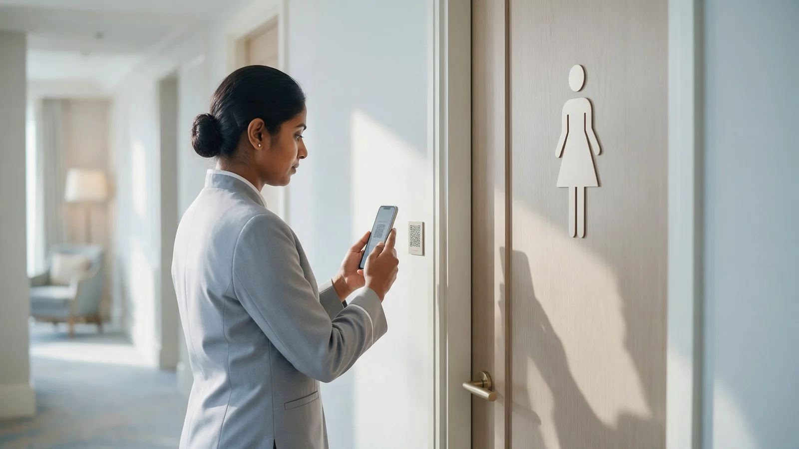 Supervisora con el móvil en la mano junto a la puerta de un aseo de hotel