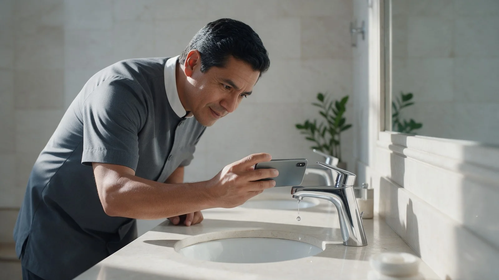 Técnico de mantenimiento fotografiando con el móvil el grifo de un lavabo