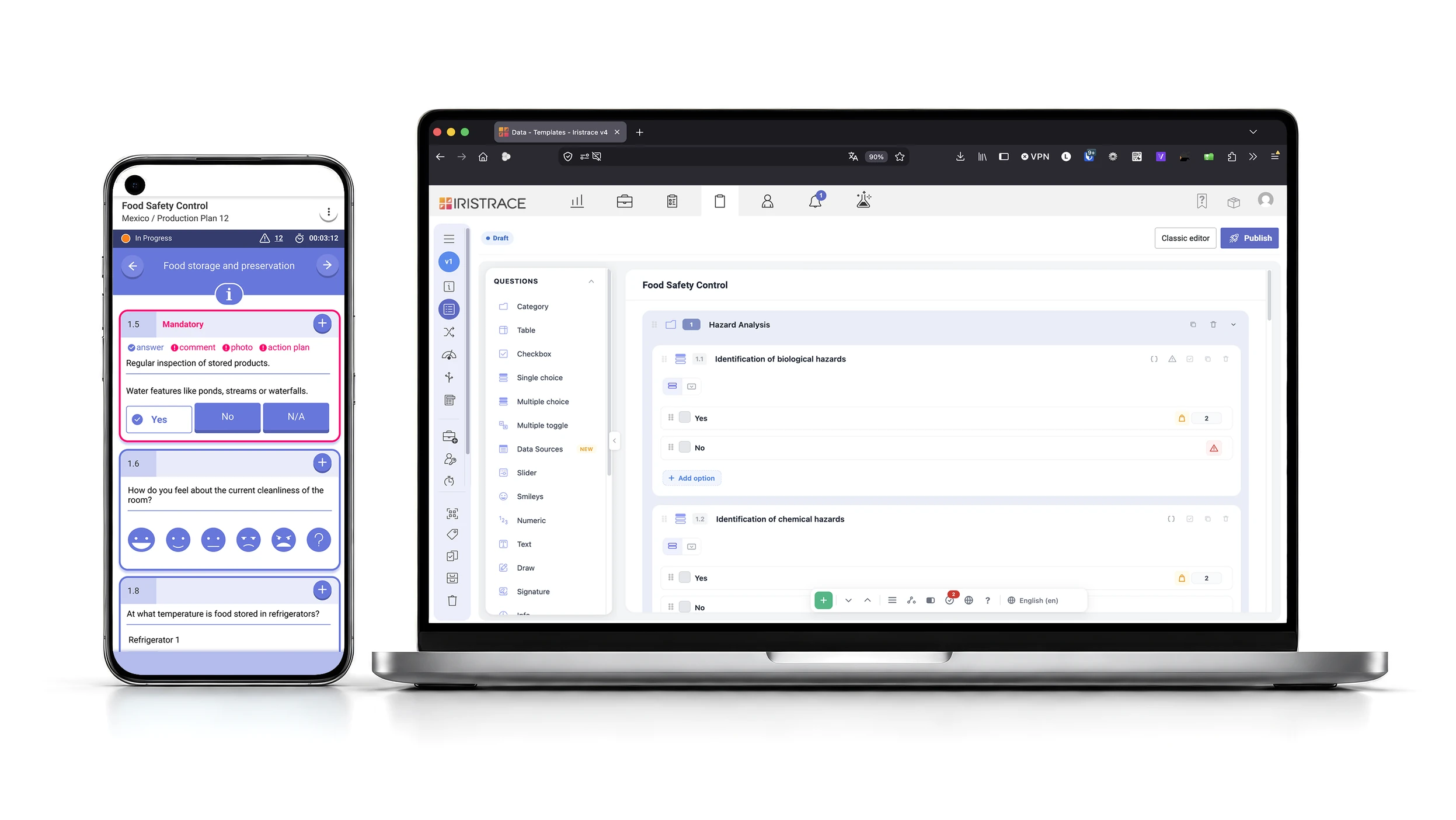 Iristrace Checks: checklist on mobile with an issue and an action plan