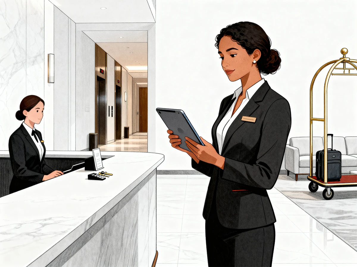 Encargada de hotel revisando un checklist en tablet en una habitación