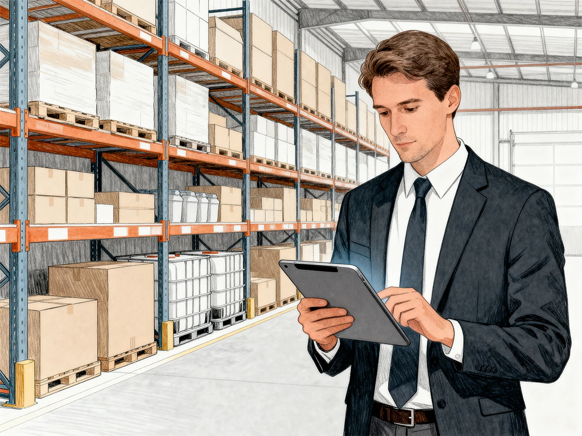 Auditor loopt een inspectie na op een tablet in een magazijn