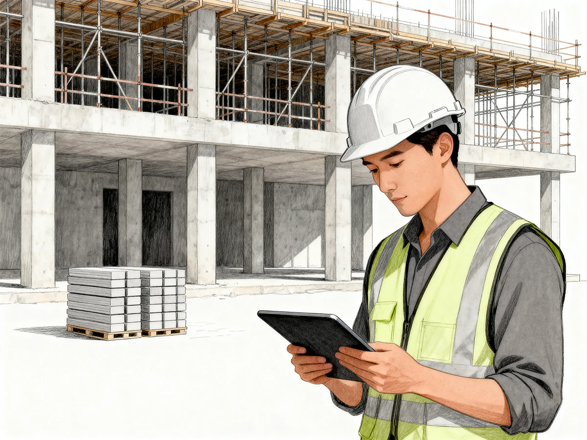 Responsable de chantier consultant une checklist sur tablette sur un chantier