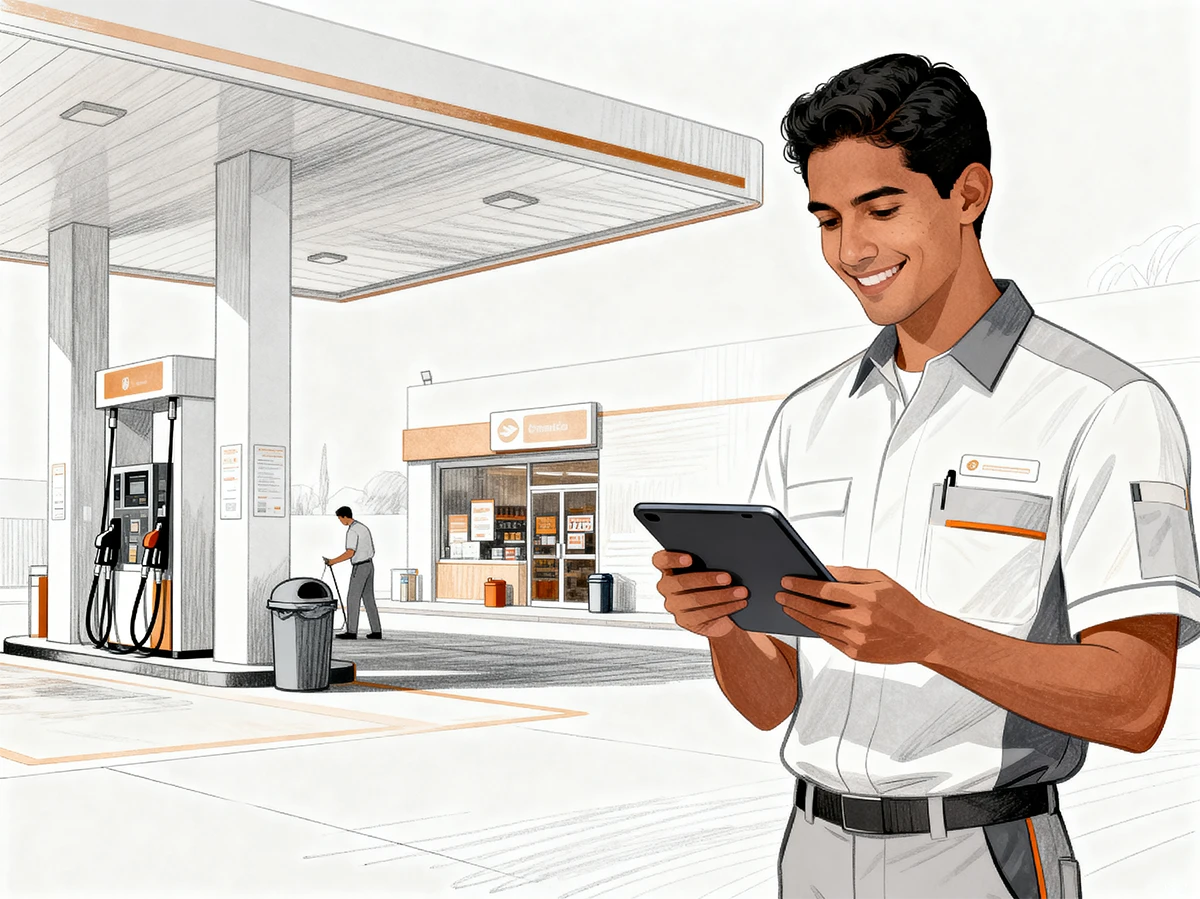 Employé de station-service contrôlant la piste avec une tablette