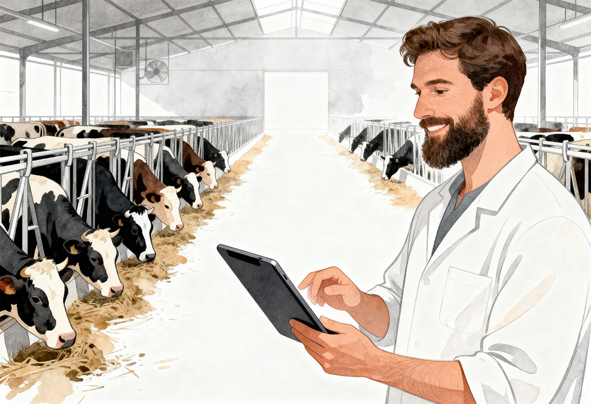 Vétérinaire saisissant des données sur tablette dans une exploitation d’élevage