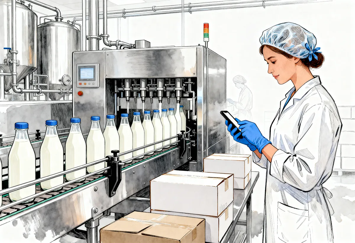 Technicienne qualité saisissant des données sur mobile sur une ligne de production agroalimentaire