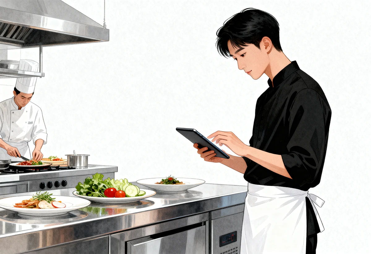 Responsable de restaurant consultant une checklist sur tablette en cuisine