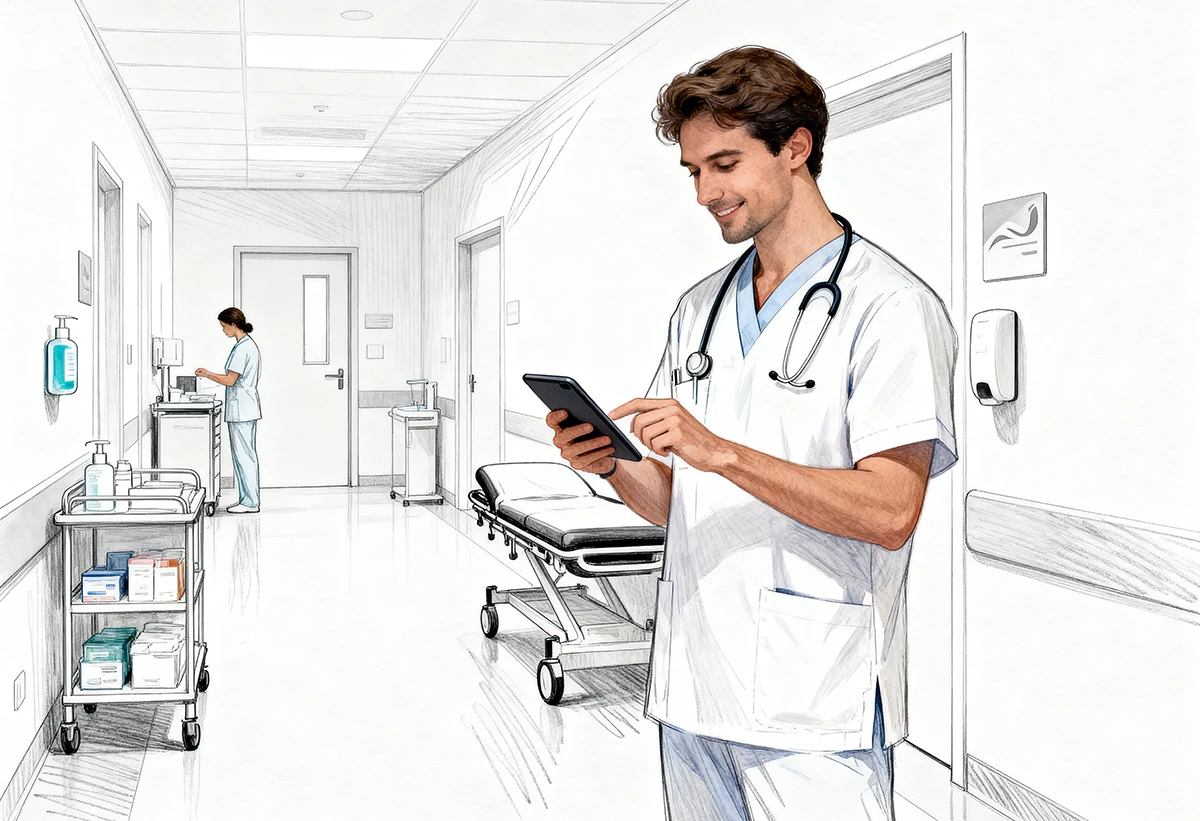 Professionnel de santé consultant une checklist sur tablette dans un hôpital