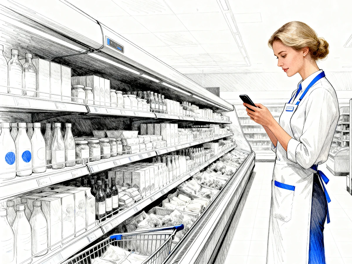 Supermarktmedewerker controleert een schap met de telefoon