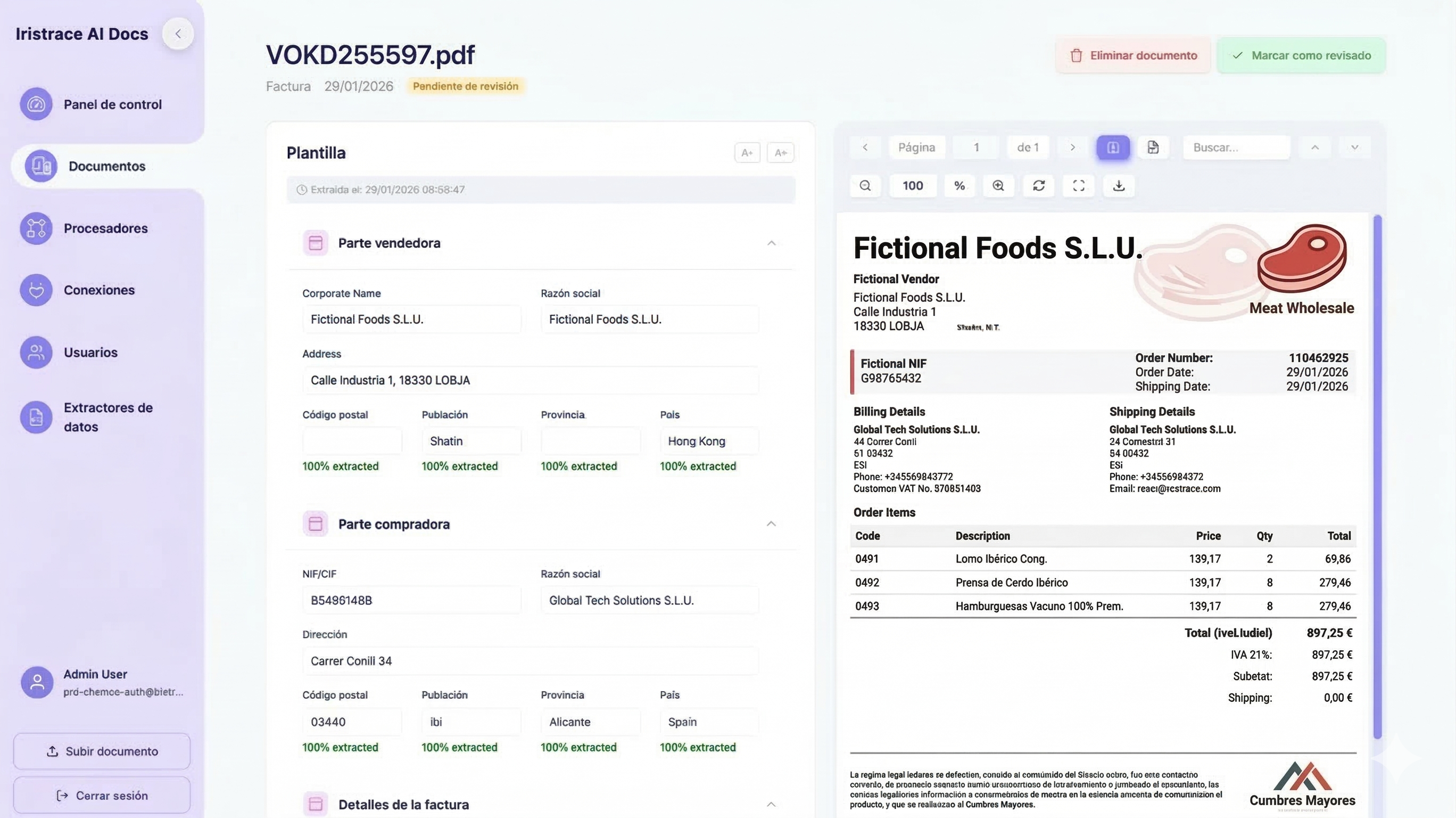 Interfaz de revisión de datos extraídos