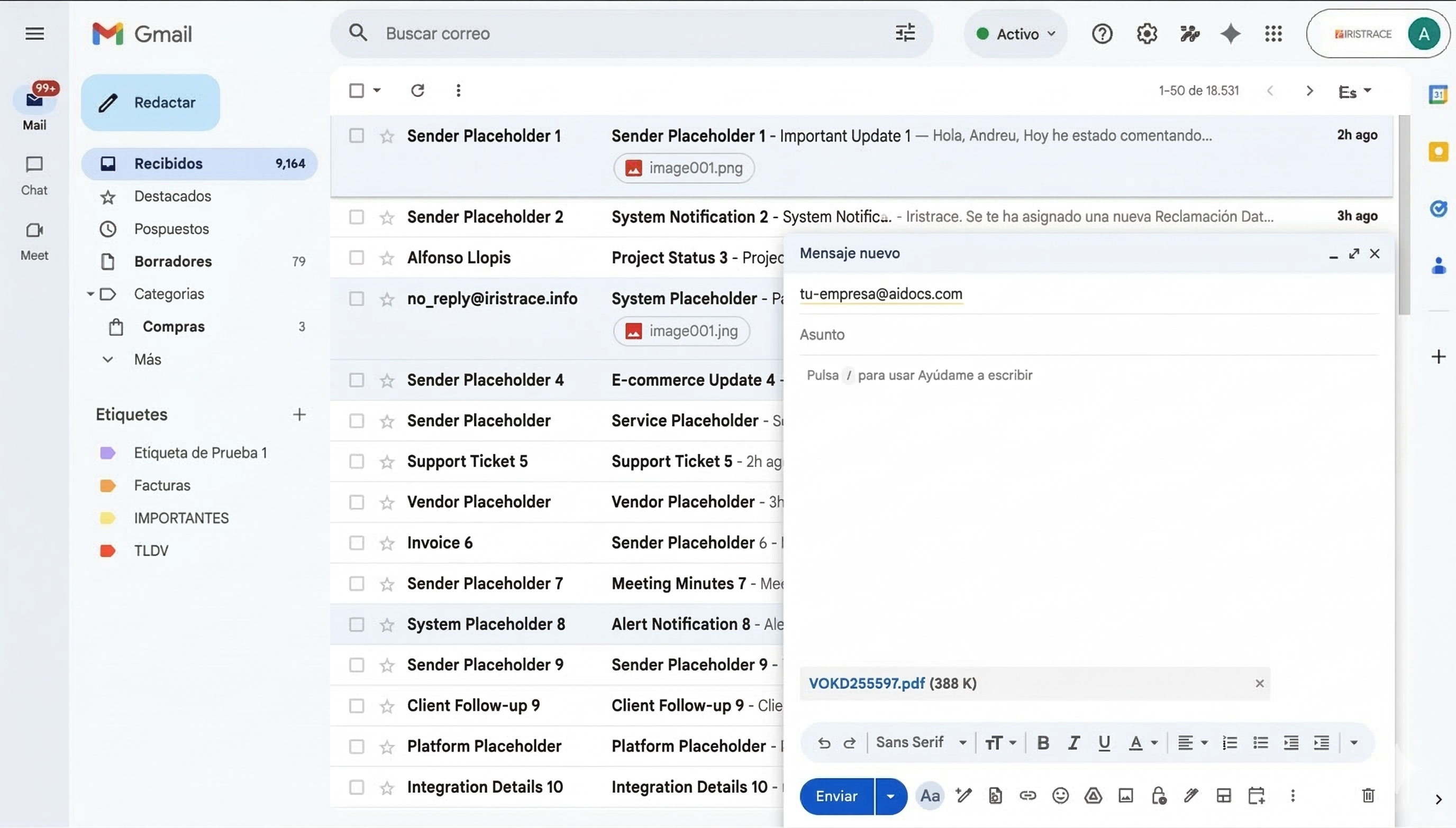 Email con factura adjunta reenviado a IRISTRACE AI Docs