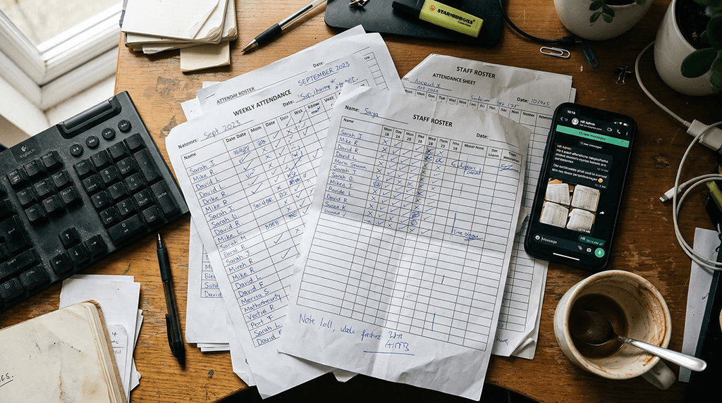Planillas y plantillas de asistencia en papel y mensajes de WhatsApp en escritorio de oficina.