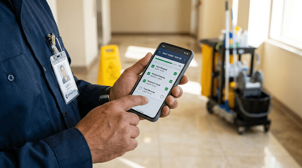 Operario registrando asistencia digital en app móvil Iristrace