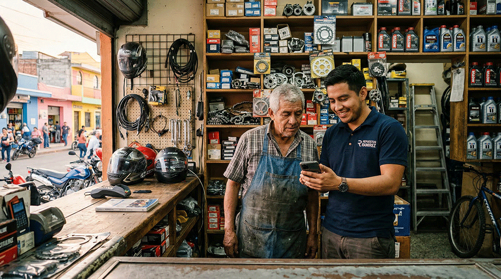 Vendedor registrando pedido digital en tienda de repuestos de motos