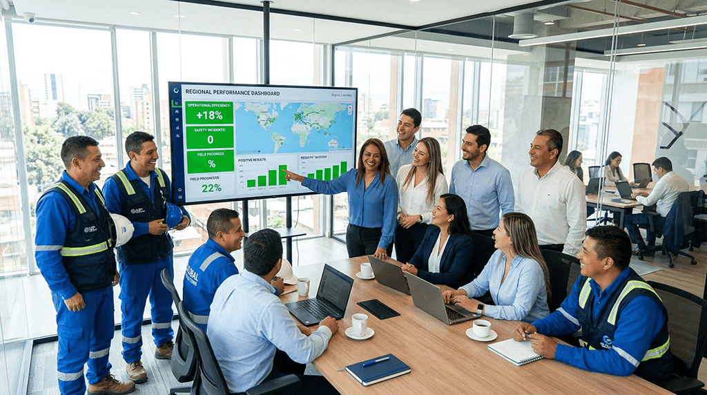 Equipo operativo y administrativo colaborando con dashboard digital Iristrace