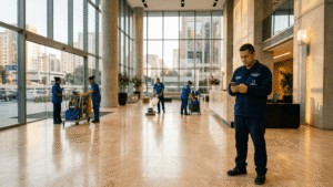 Supervisor de limpieza registrando asistencia en app móvil en centro comercial