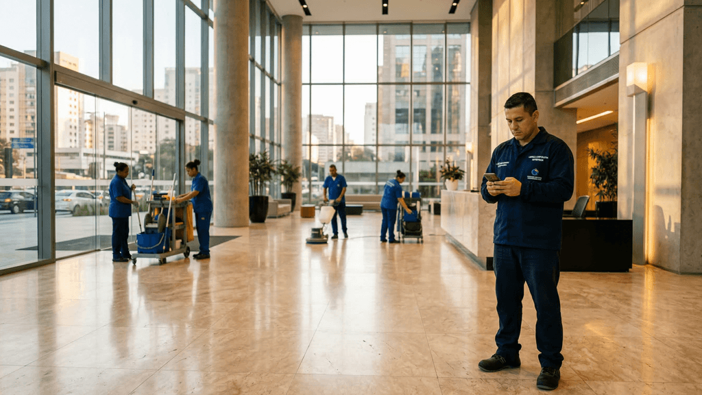 Supervisor de limpieza registrando asistencia en app móvil en centro comercial