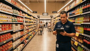 Supervisor de supermercado revisando checklist digital en tablet en pasillo de tienda moderna
