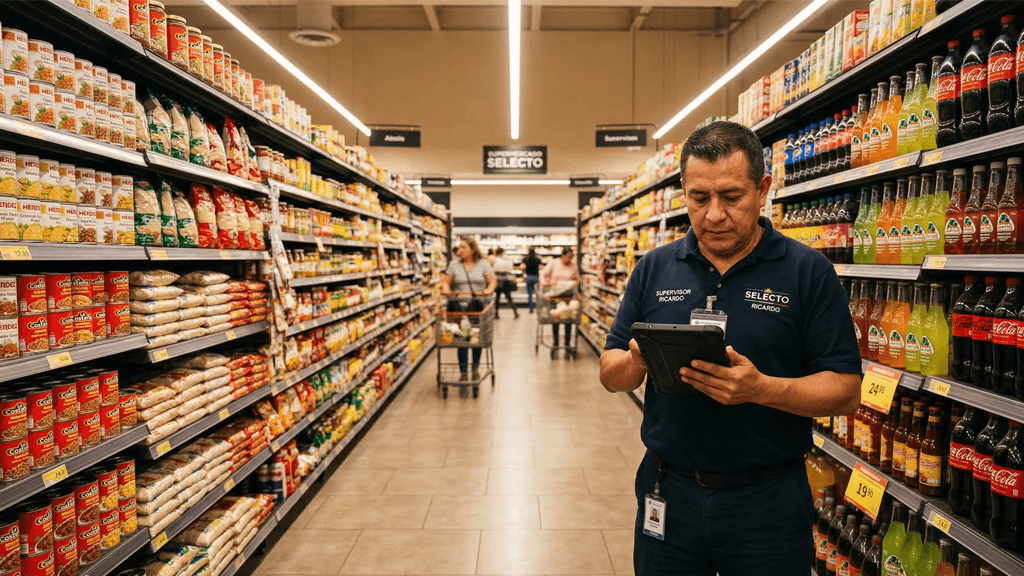 Supervisor de supermercado revisando checklist digital en tablet en pasillo de tienda moderna