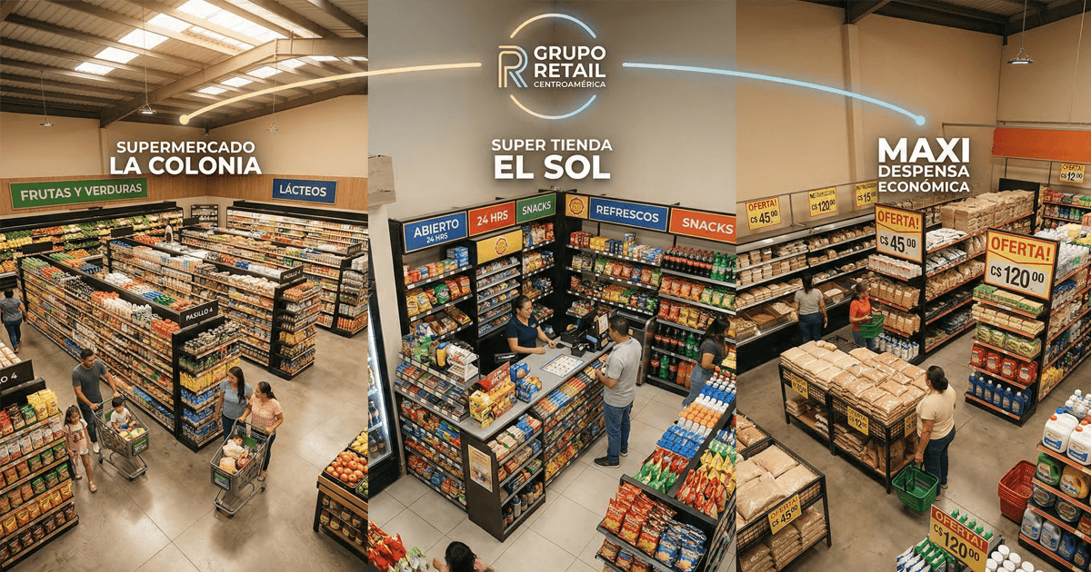 Tres formatos de supermercado — hipermercado, conveniencia y descuento — de una misma cadena retail