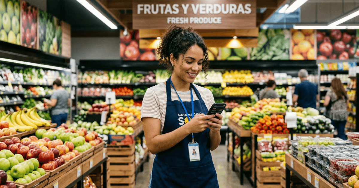 Supervisora de supermercado completando auditoría digital en smartphone en sección de frutas y verduras