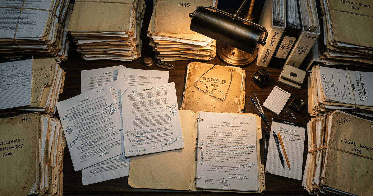 Escritorio de departamento legal con pilas de contratos antiguos en papel sin digitalizar