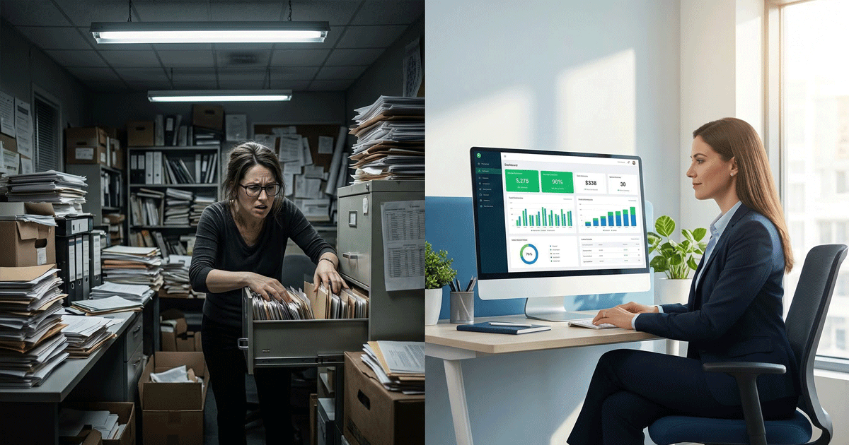 Comparativa antes y después: gestión manual con papel frente a gestión digital con dashboards en tiempo real