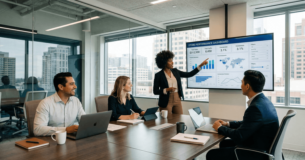 Equipo directivo revisando dashboard de operaciones de tienda en reunión de trabajo colaborativa